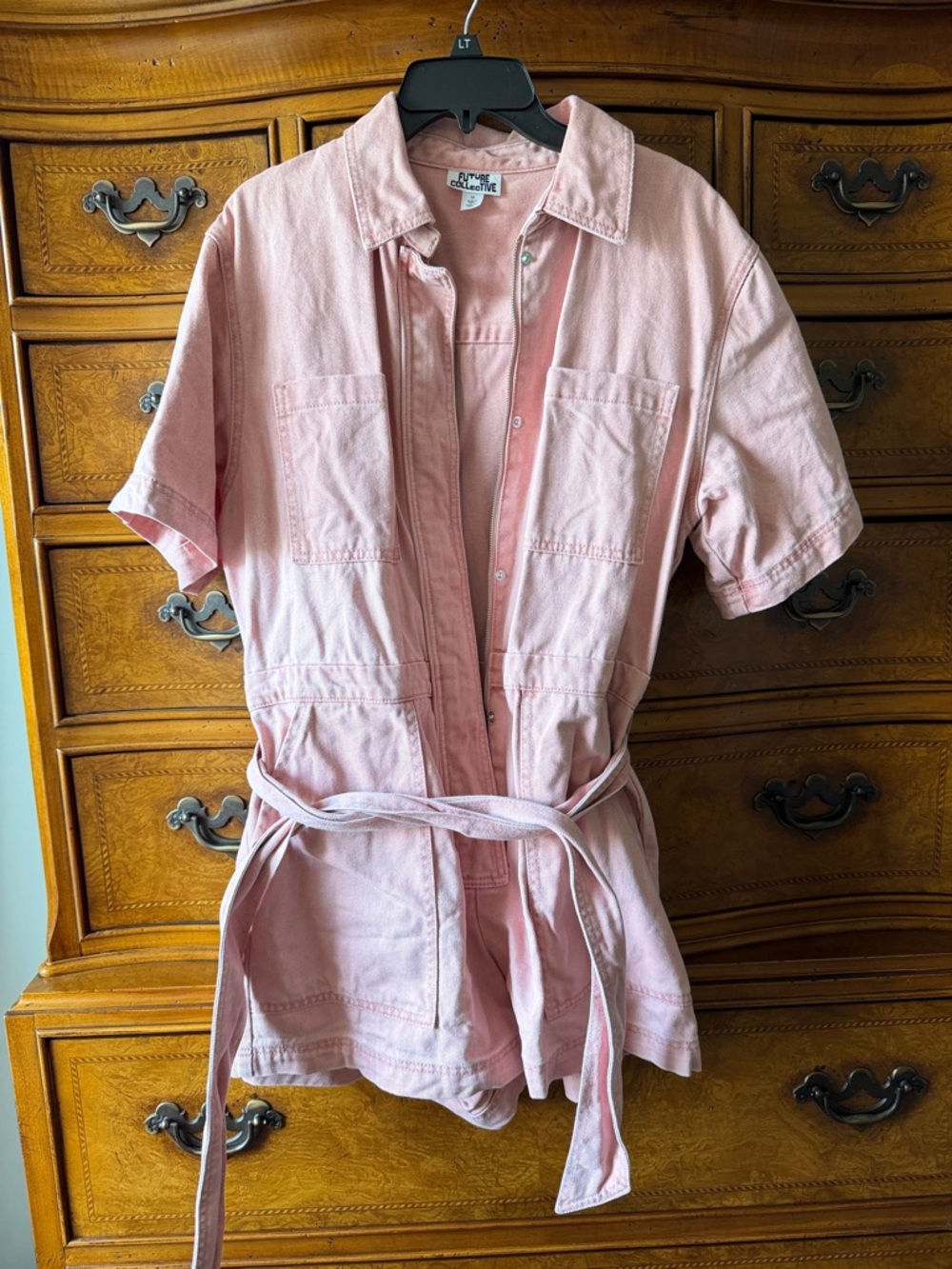 Light Pink Short-Sleeve Utility Romper with Waist Tie